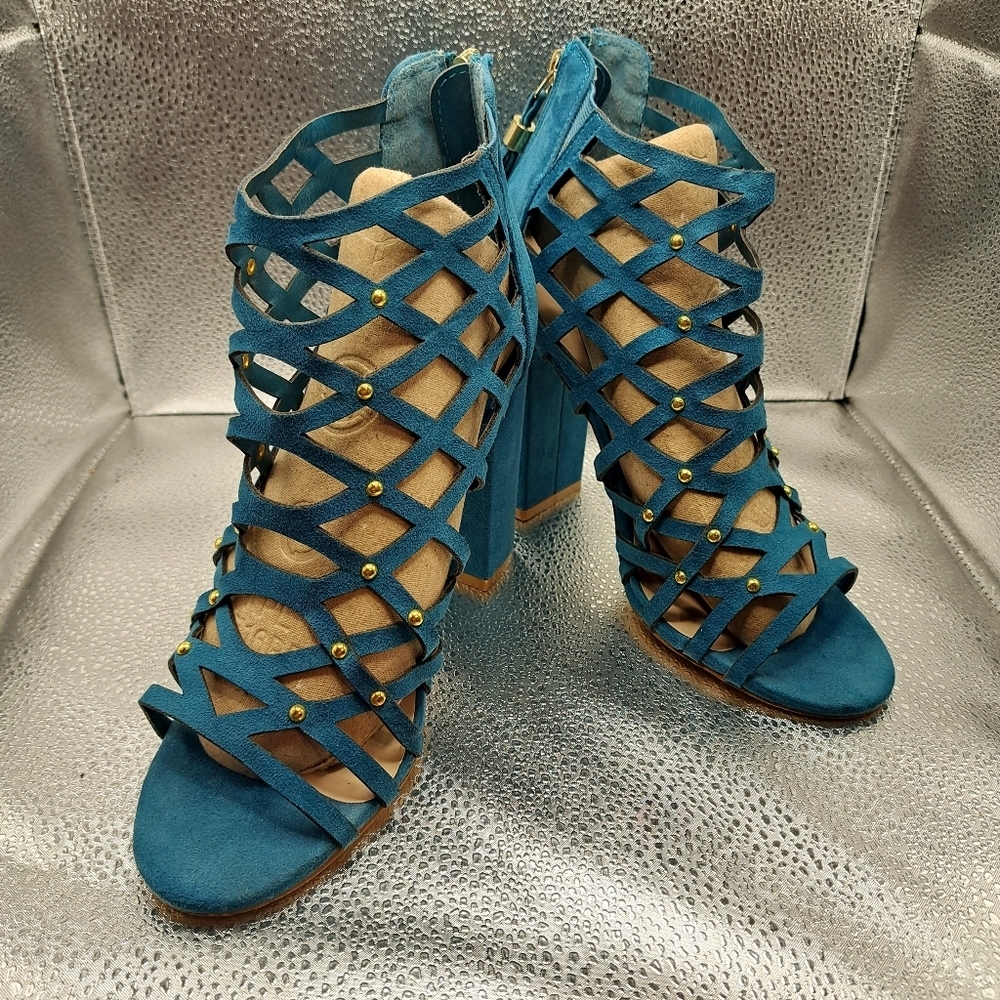 Nicole Miller Teal Gladiator Style Sandal 4" Heels Women's Size 7.5